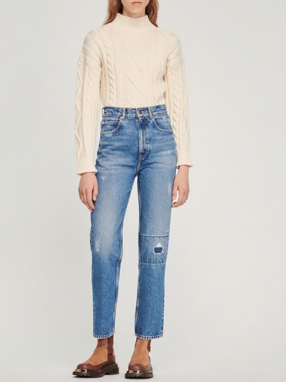 SANDRO Women's Straight Leg Jeans Torn Knee Patch High Rise Ankle French 36 US 4
